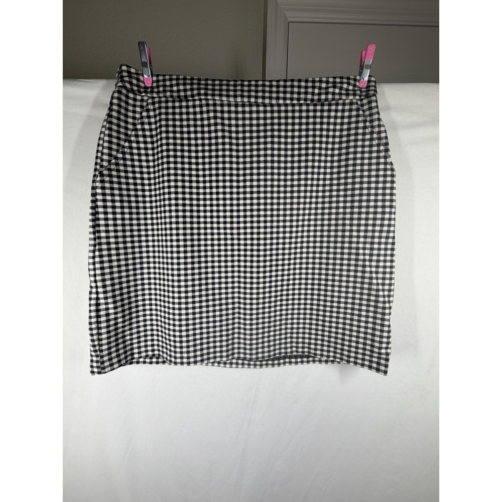 Skies Are Blue Gingham Plaid Mini Skirt Black White Pockets Size L Elastic Waist